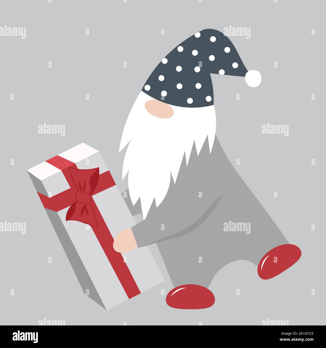 Gnomo piccolo carino in un cappello con un regalo. Clipart isolata dal vettore. Illustrazione Vettoriale