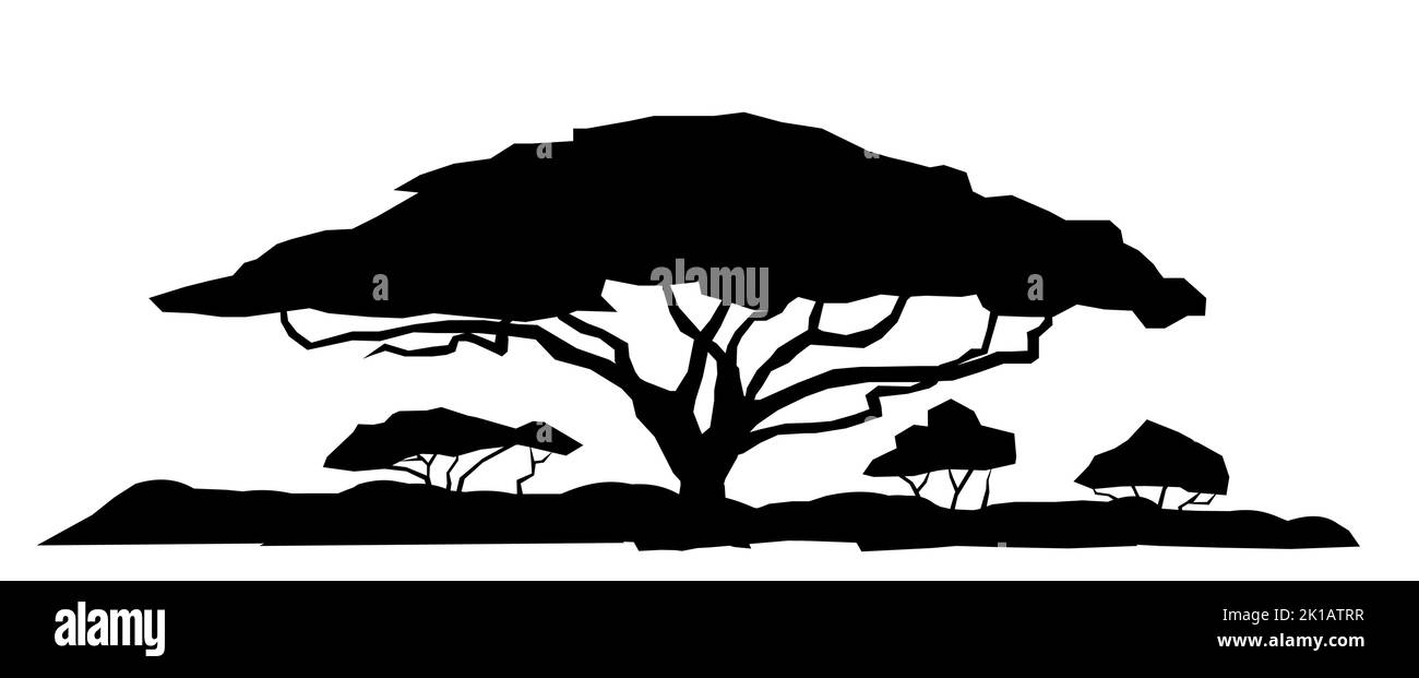 Savana africana paesaggio. Immagine della silhouette. Africa acacia albero. Isolato su sfondo bianco. Vettore. Illustrazione Vettoriale
