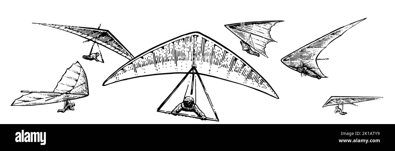 Set di deltaplano volanti. Schizzo del contorno disegnato a mano. Isolato su sfondo bianco. Vettore. Illustrazione Vettoriale