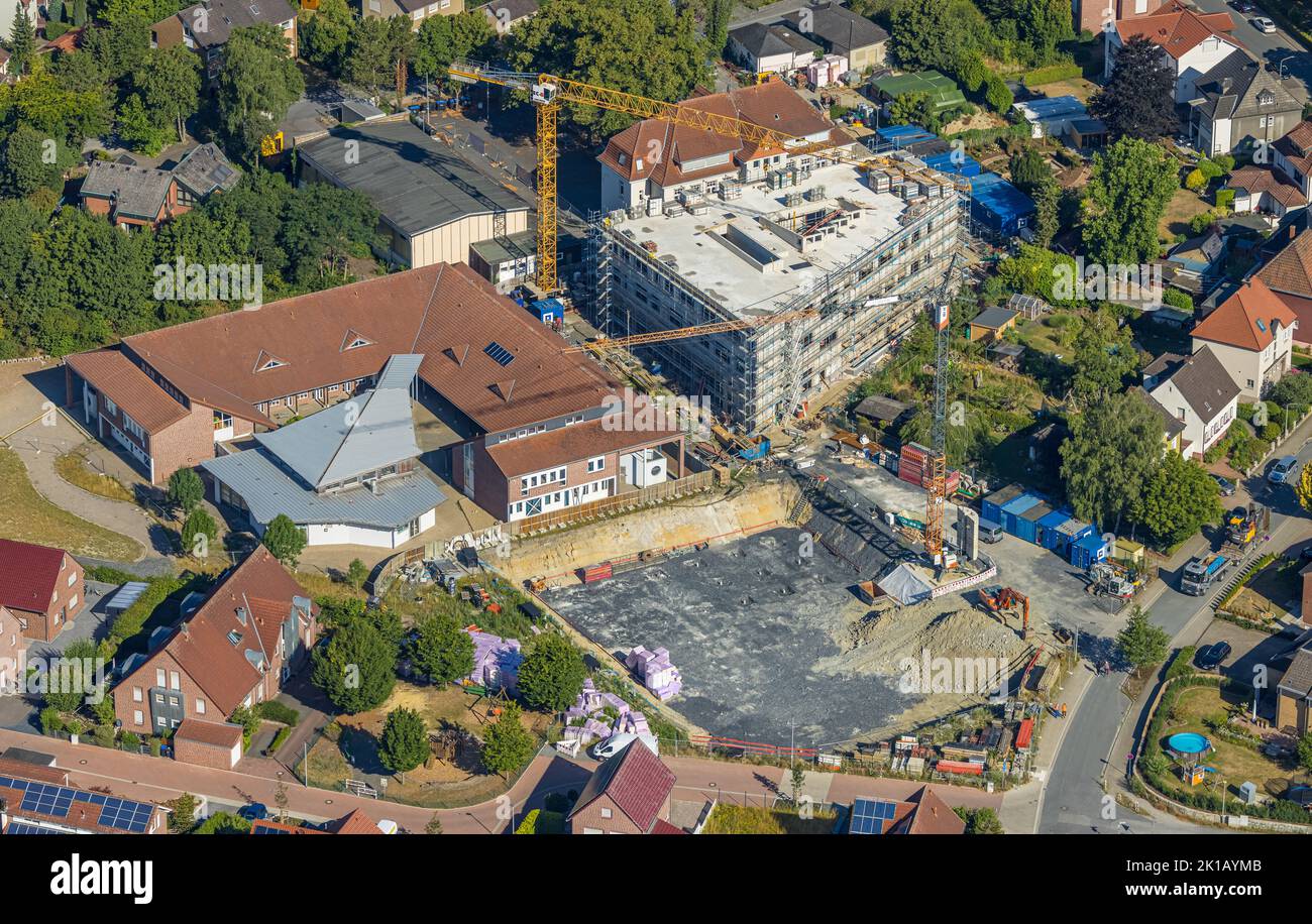 Veduta aerea, cantiere con nuova costruzione e ristrutturazione Arnold-Freymuth-Gesamtschule / Falkschule, Herringen, Hamm, Ruhr zona, Nord Reno-Wes Foto Stock