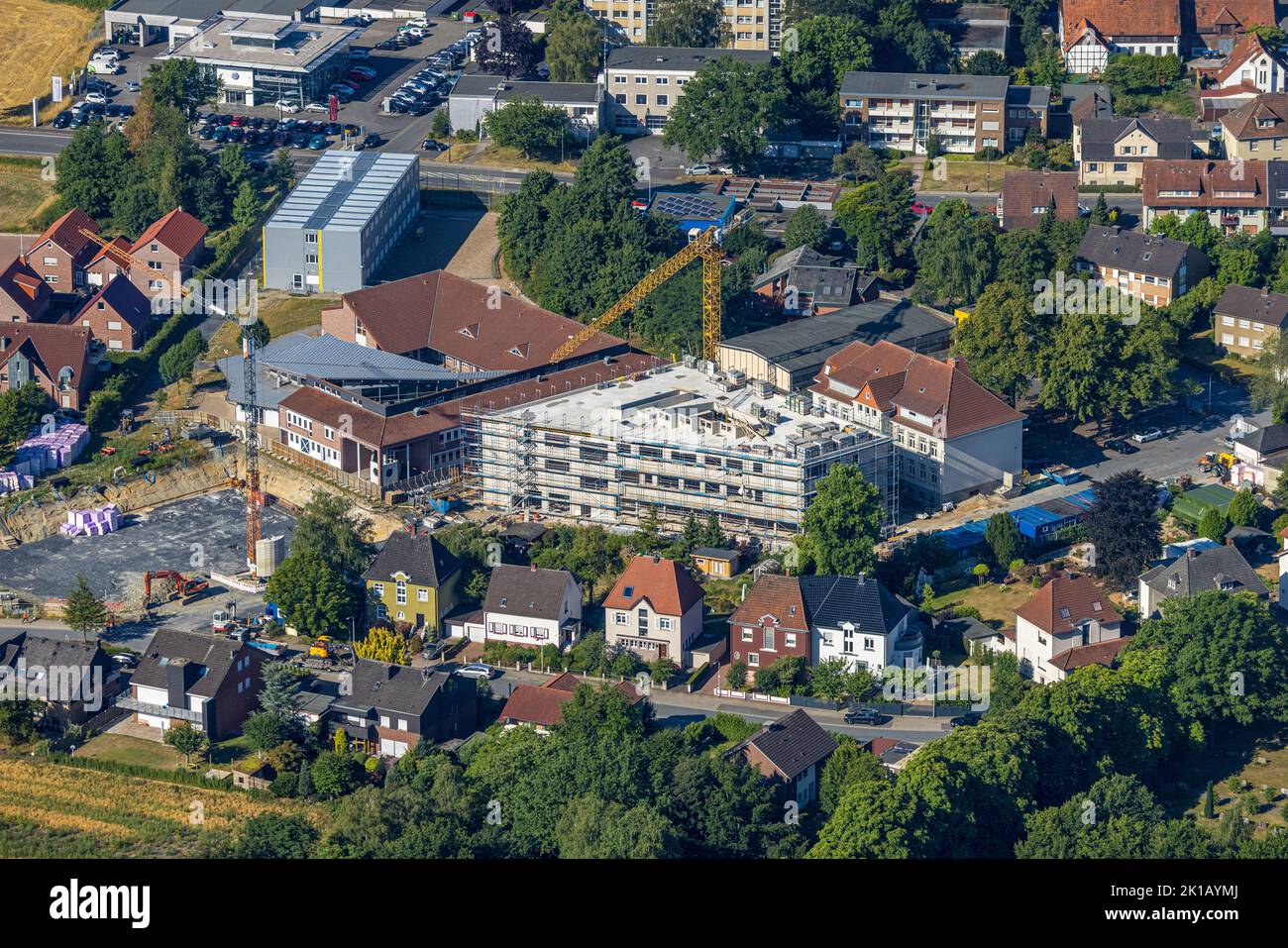 Veduta aerea, cantiere con nuova costruzione e ristrutturazione Arnold-Freymuth-Gesamtschule / Falkschule, Herringen, Hamm, Ruhrgebiet, Nord Reno-noi Foto Stock