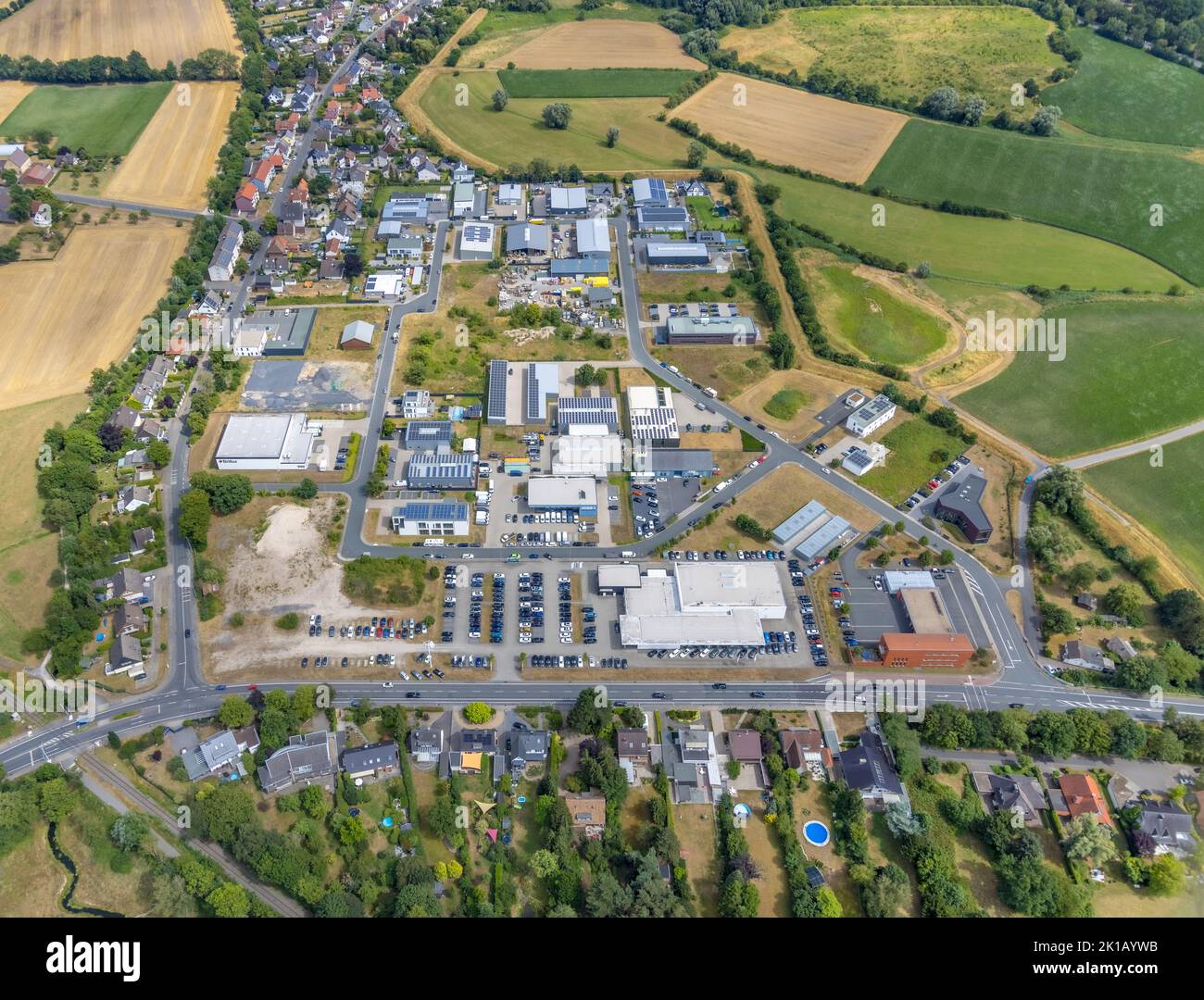 Vista aerea, parco industriale di Hohefeld, nel triangolo Hohefeldweg, Herbert-Rust-Weg e Soester Straße, Uentrop, Hamm, Ruhr, Renania settentrionale-Vestfa Foto Stock
