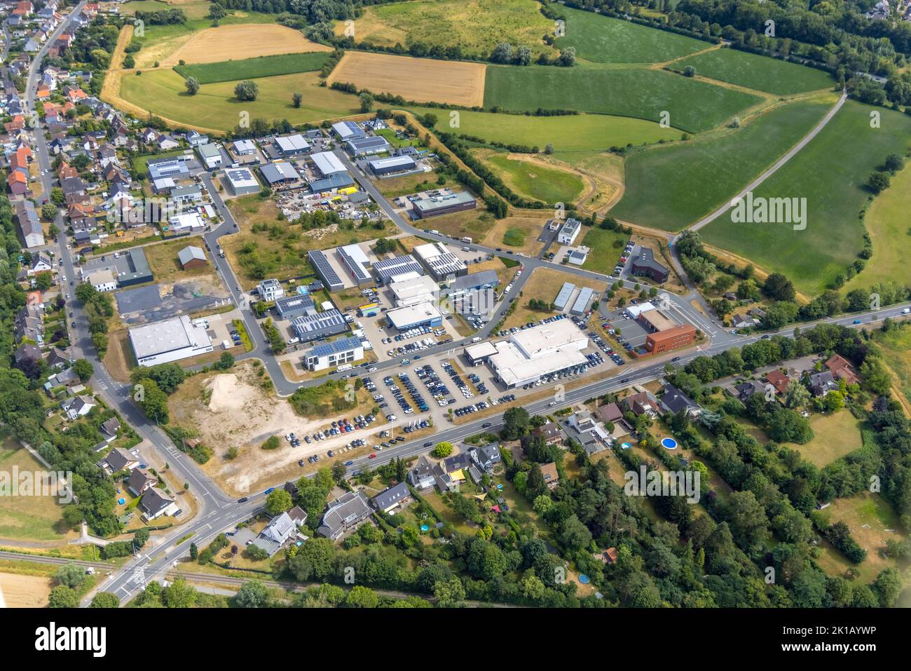 Vista aerea, parco industriale di Hohefeld, nel triangolo Hohefeldweg, Herbert-Rust-Weg e Soester Straße, Uentrop, Hamm, Ruhr, Renania settentrionale-Vestfa Foto Stock