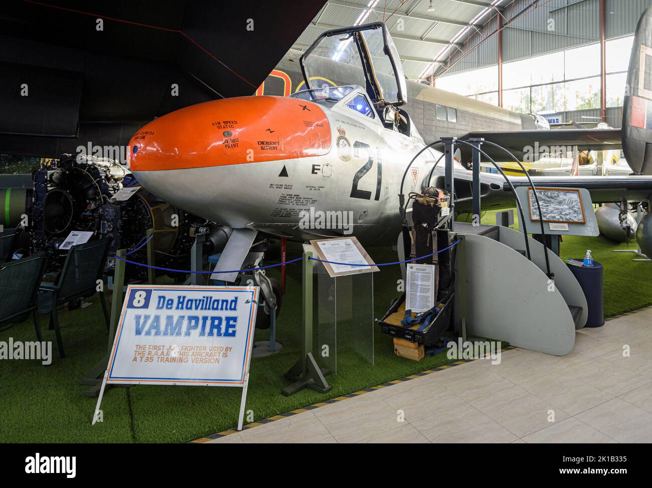 Mostra de Havilland Vampire all'Aviation Heritage Museum, Bull Creek, Australia Occidentale Foto Stock
