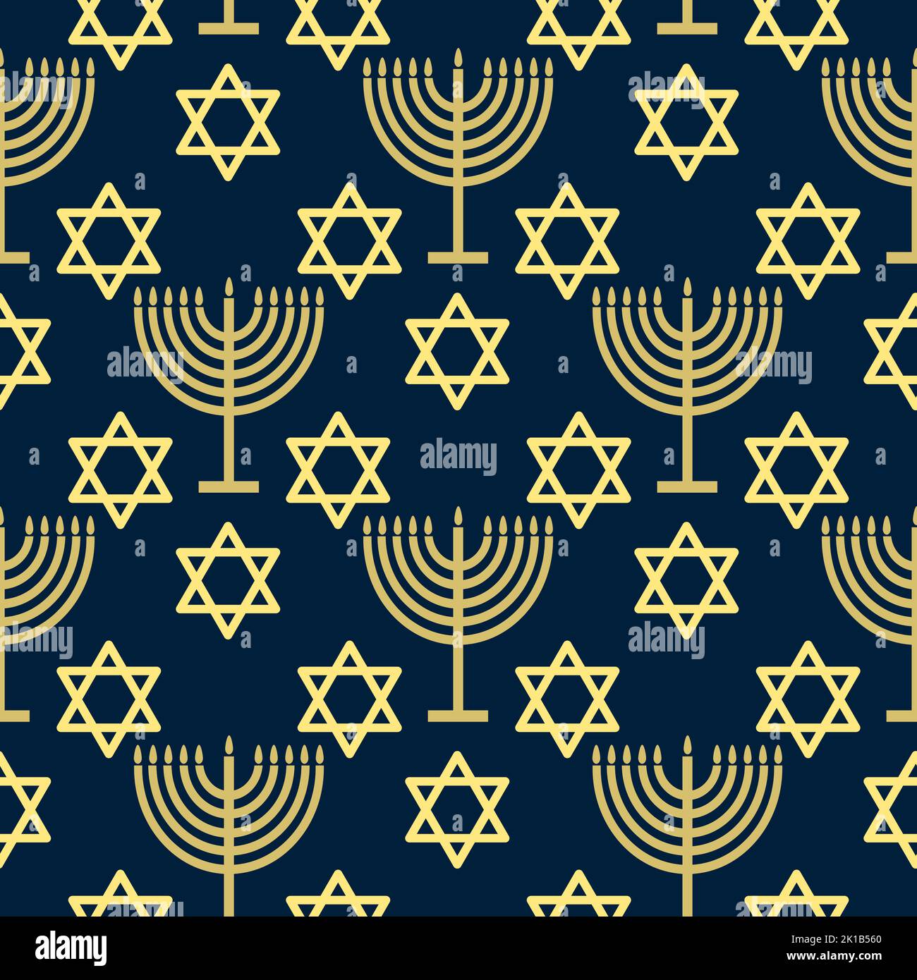 Motivo senza cuciture con simboli dorati su sfondo di colore blu per le vacanze ebraiche Hanukkah Illustrazione Vettoriale