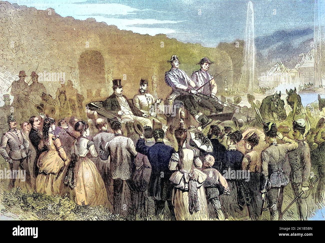 Der Österreichische Kaiser und Prinz Napoleon im Park von Schönbrunn, 1869, Österreich / l'Imperatore austriaco e Principe Napoleone nel parco di Schönbrunn, 1869, Austria, Historisch, restaurierte digitale Reproduktion einer Originalvorlage aus dem 19. Jahrhundert, genaues Originalatum nicht bekannt / riproduzione storica, digitale migliorata di un originale del 19th ° secolo Foto Stock