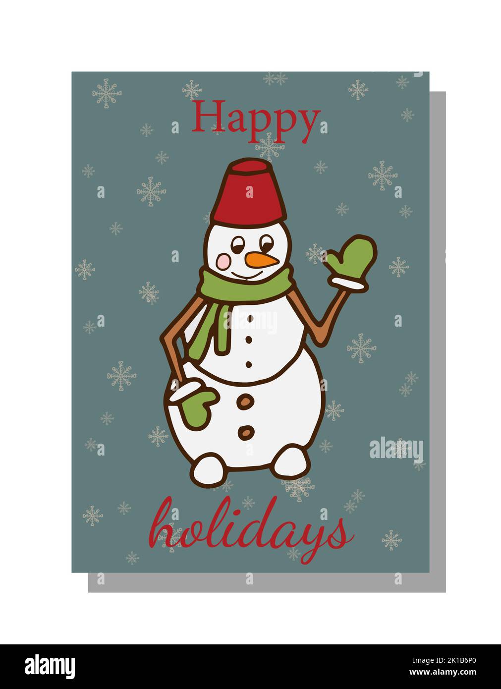 Cartolina di Natale con un pupazzo di neve allegro in mitens e una sciarpa su uno sfondo nevoso .Vector illustrazione in stile doodle con congratulazioni.Postcard Illustrazione Vettoriale