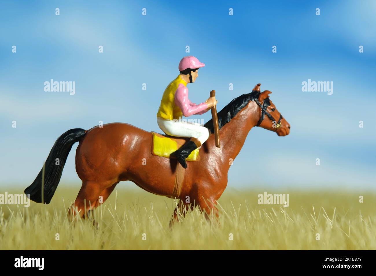 Fotografia di figura giocattolo delle persone in miniatura. Un uomo di jockey a cavallo in un prato asciutto per l'allenamento. Foto dell'immagine Foto Stock