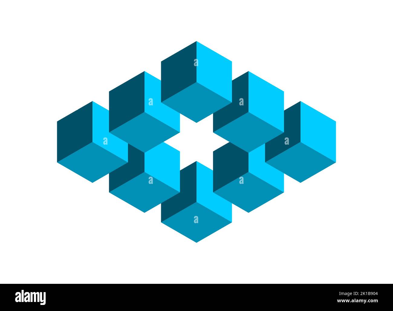 Illusione ottica a 3D cubi blu. Forma rettangolare in piccoli cubi. Oggetto poligono impossibile con una stella a sei punte al centro. Blocco geometrico Illustrazione Vettoriale