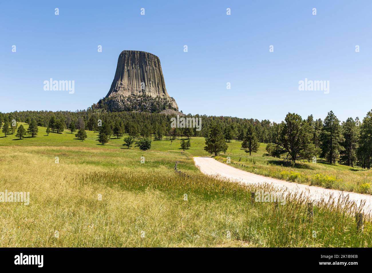 Devils Tower che sorge sopra il paesaggio circostante, Wyoming, USA Foto Stock