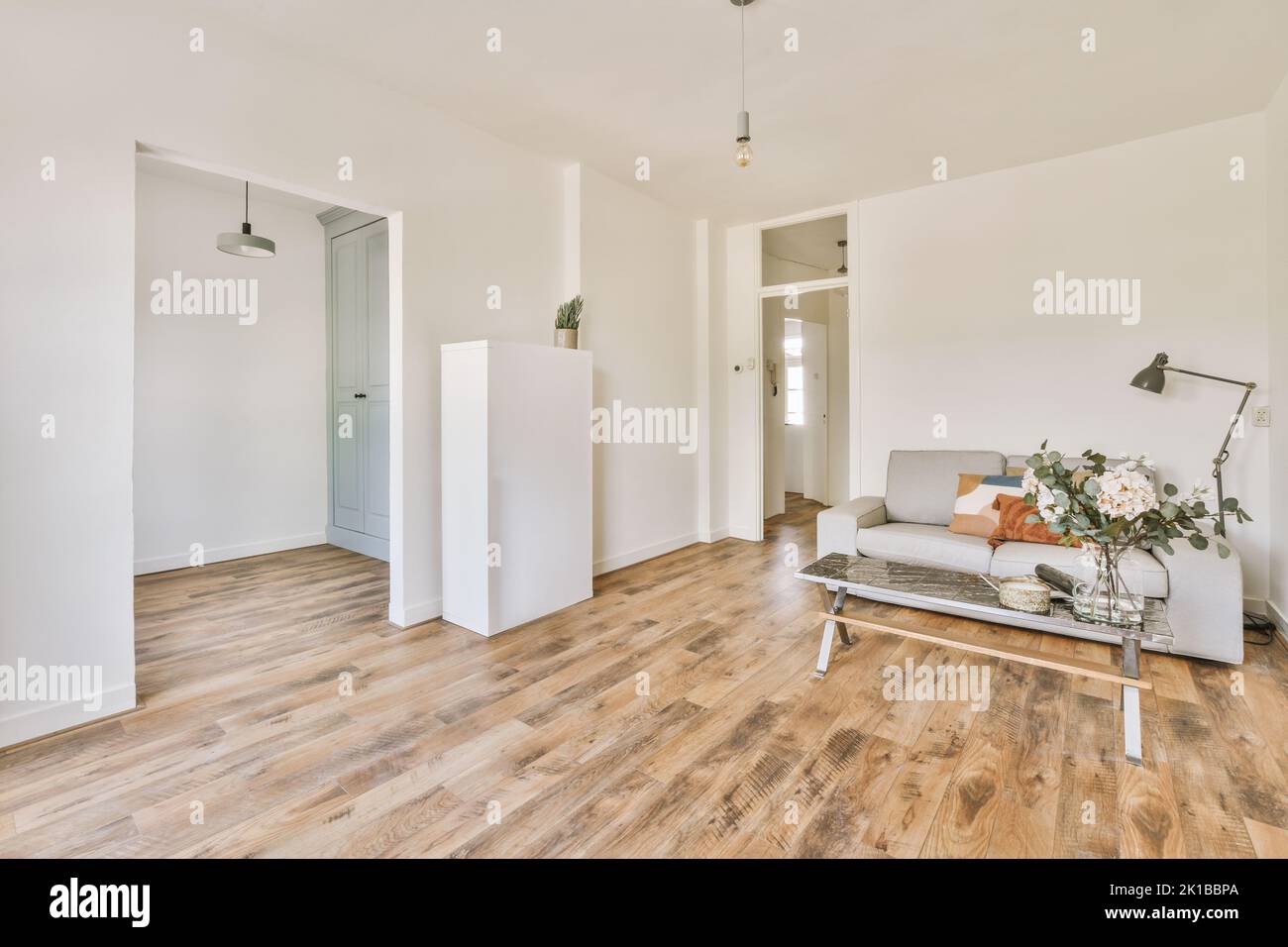 Comodo divano vicino alle finestre in un accogliente soggiorno luminoso in un moderno appartamento Foto Stock