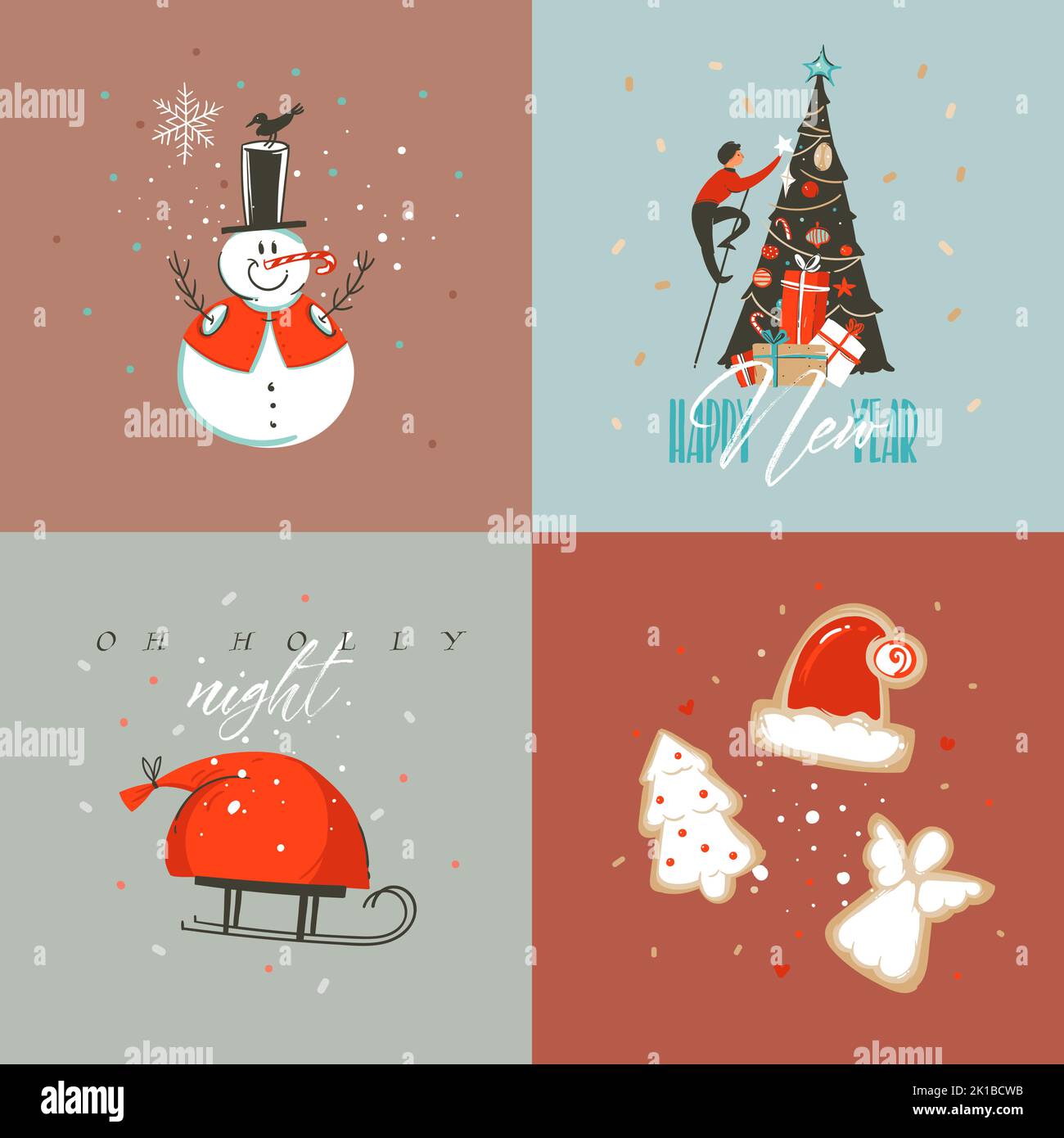 Disegnata a mano vettore astratto Merry Natale e felice anno nuovo cartoon illustrazione biglietti d'auguri set con pupazzo di neve, albero di Natale, persone e. Illustrazione Vettoriale