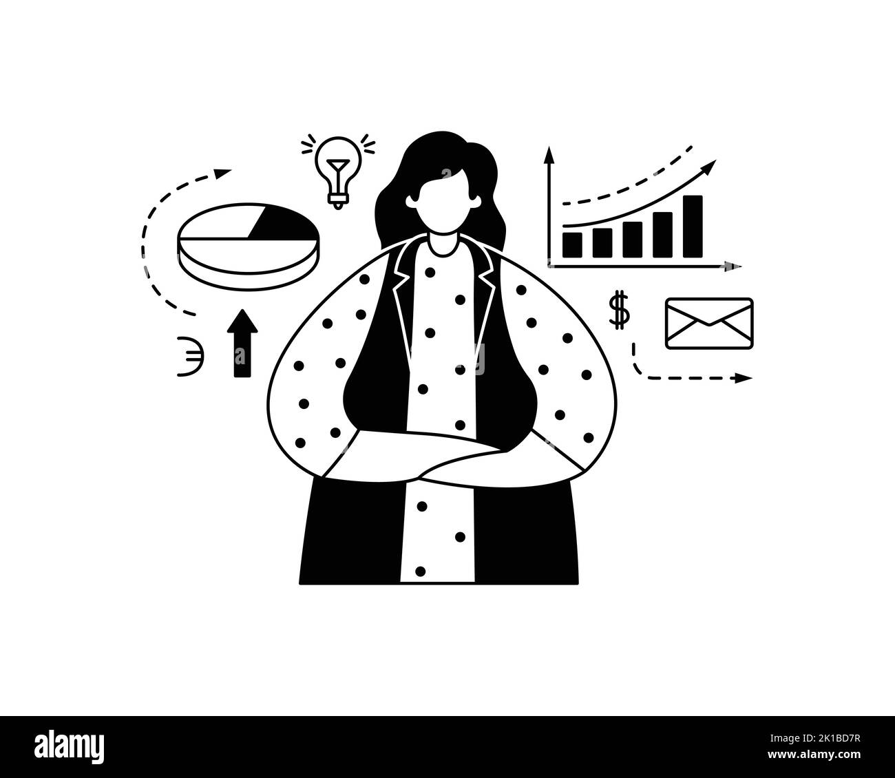 Illustrazione vettoriale di uno specialista di marketing che pensa attraverso una strategia di sviluppo aziendale. Professione. Illustrazione Vettoriale