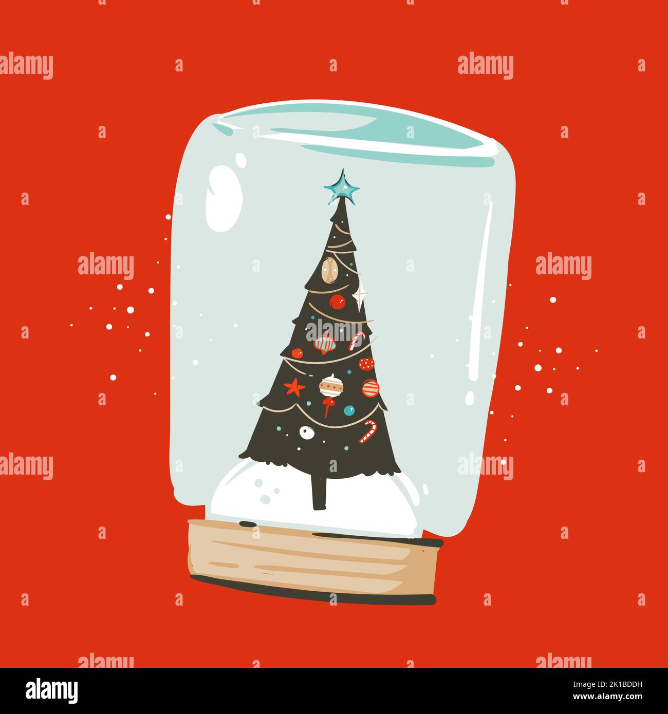 Disegno a mano vettore astratto divertimento buon Natale e felice anno nuovo cartoon illustrazione biglietto di auguri con albero di Natale in sfera di vetro di neve isolato Illustrazione Vettoriale