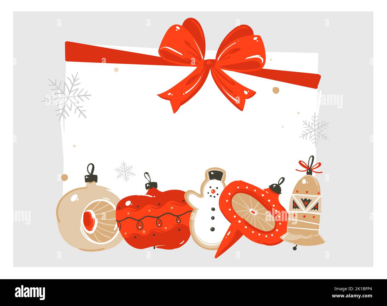 Disegnata a mano vettore astratto buon Natale e felice anno nuovo cartoon illustrazione biglietto di auguri con vintage xmas albero giocattolo e copia spazio Illustrazione Vettoriale