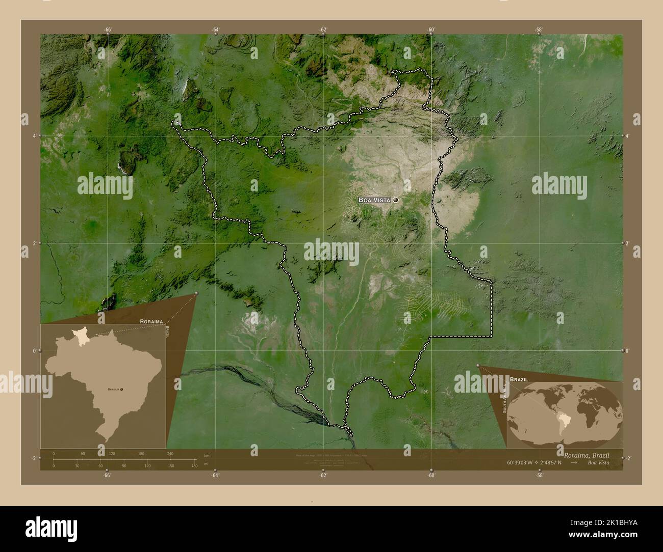 Roraima, stato del Brasile. Mappa satellitare a bassa risoluzione. Località e nomi delle principali città della regione. Mappe delle posizioni ausiliarie degli angoli Foto Stock