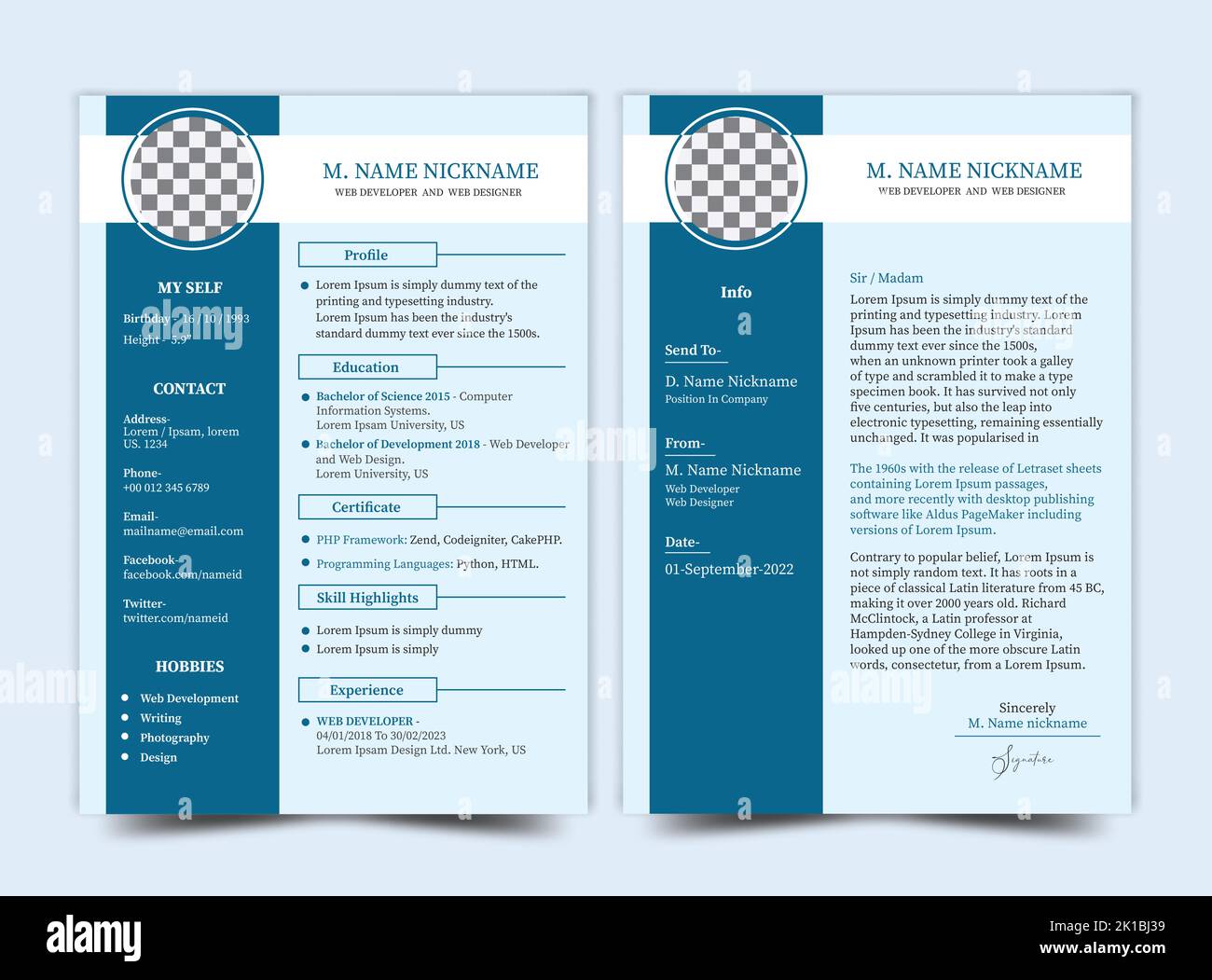 Web Developer Resume e modello di lettera di copertina, modello CV per Web designer Illustrazione Vettoriale