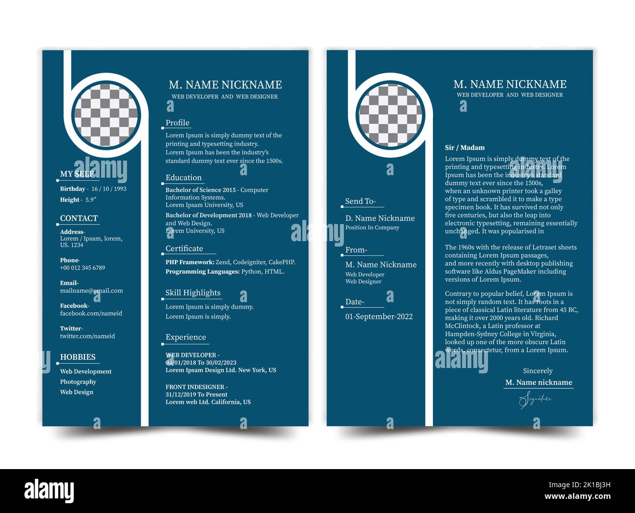 Web Developer Resume e modello di lettera di copertina, modello CV per Web designer Illustrazione Vettoriale