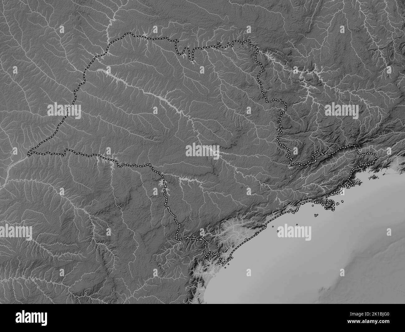 San Paolo, stato del Brasile. Mappa in scala di grigi con laghi e fiumi Foto Stock