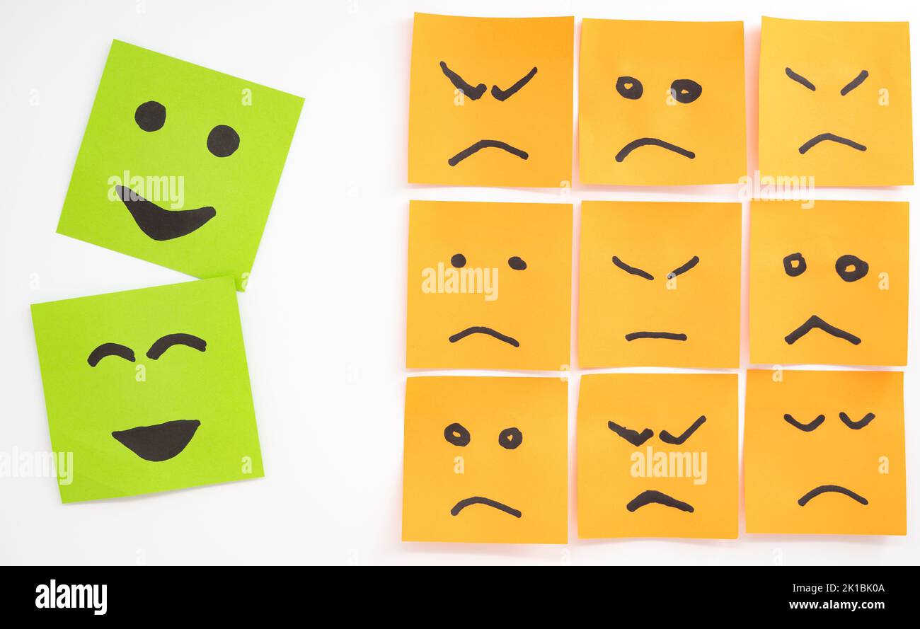 Concetto (volti disegnati su carta con cattivo umore e un sorriso) per un atteggiamento positivo e allontanarsi da arrabbiato e socializzare con persone positive Foto Stock