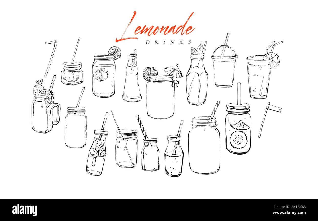 Disegno a mano vettoriale grafica textured artistico bar menu inchiostro collezione set schizzo illustrazioni disegno pacchetto di cocktail naturali biologici limonata Illustrazione Vettoriale
