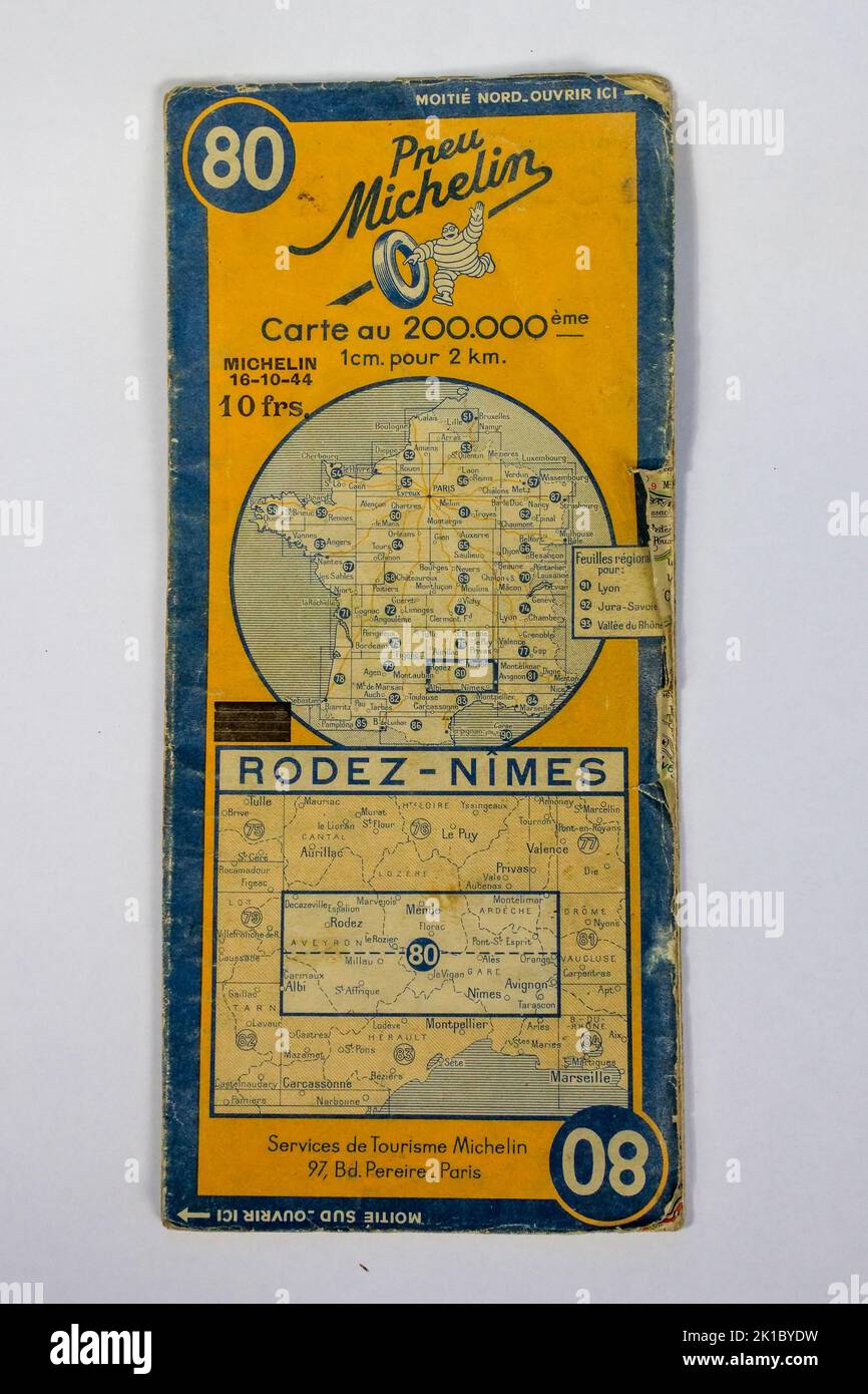 Road map Michelin vintage su sfondo bianco, Francia. Foto Stock
