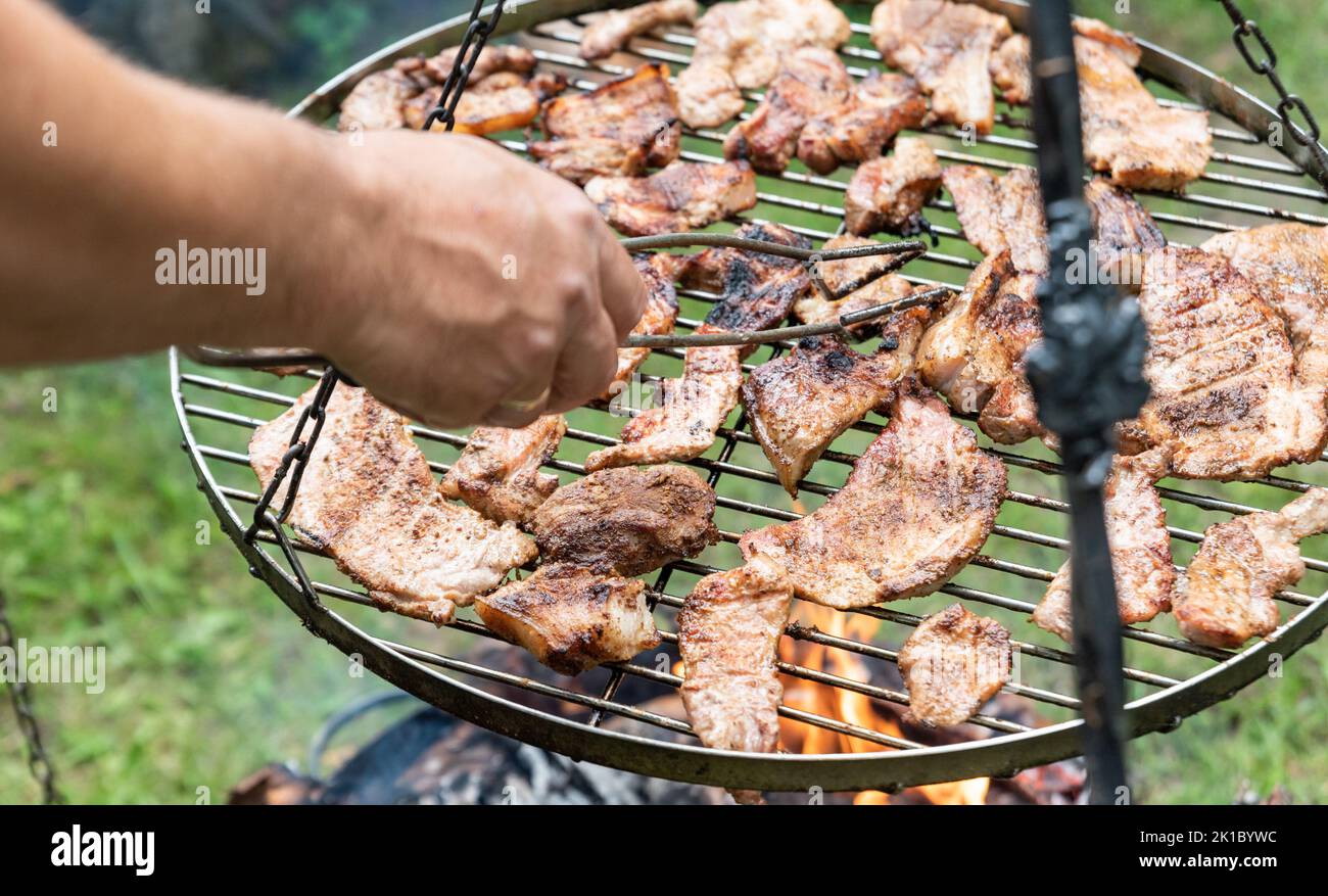 Carne alla griglia. Barbecue in giardino. Grigliare la carne. Il calore nel focolare del giardino. Foto Stock