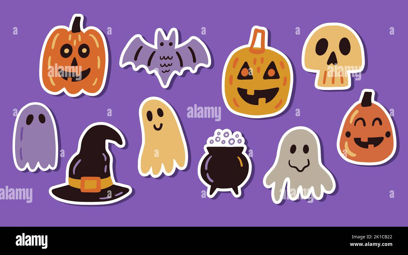 Set di elementi adesivi personaggio di Halloween Doodle Illustrazione Vettoriale