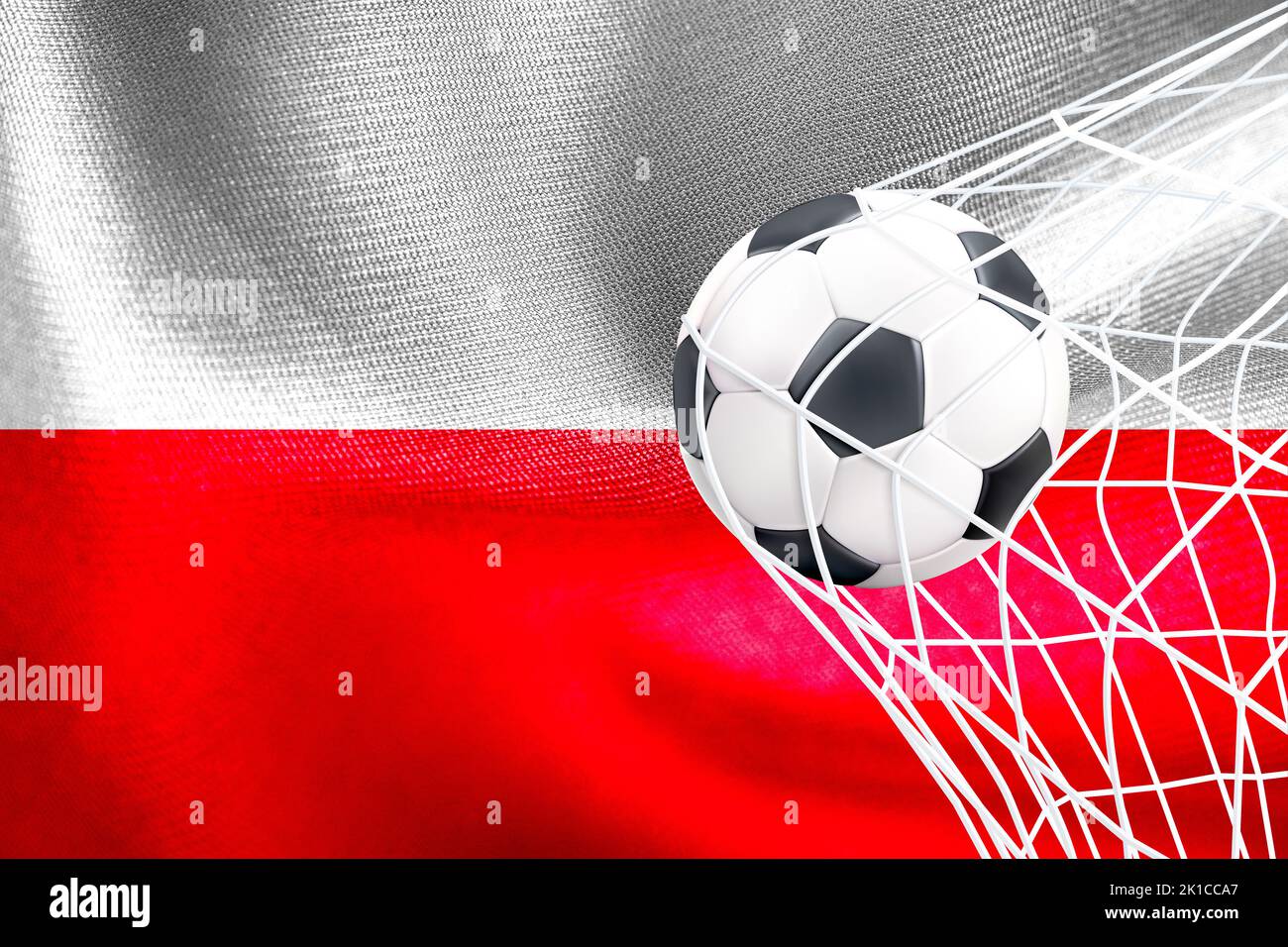 Coppa del mondo FIFA 2022, Polonia bandiera nazionale con una palla di calcio in rete, Qatar 2022 Wallpaper, 3D lavoro e 3D immagine. Yerevan, Armenia - 2022 settembre 16 Foto Stock