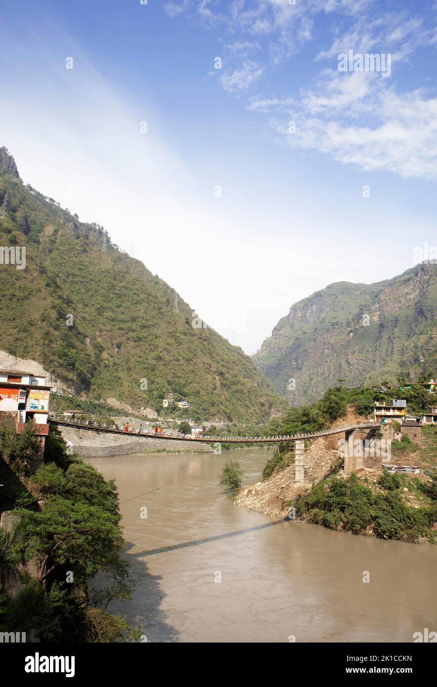 Ponte sospeso di Anogi sul fiume Beas, Himachal Pradesh, India Foto Stock