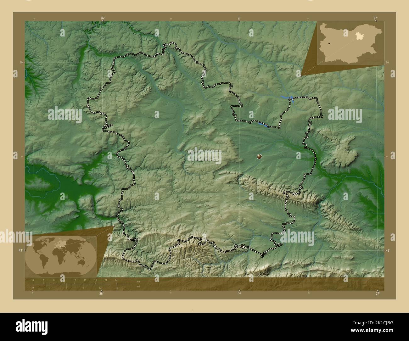 Targovishte, provincia di Bulgaria. Mappa di altitudine colorata con laghi e fiumi. Mappe delle posizioni ausiliarie degli angoli Foto Stock