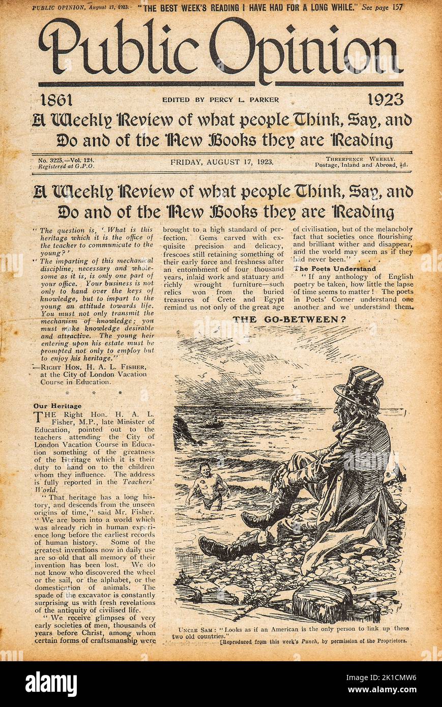 Vecchio sfondo di carta. Pagina della rivista vintage. Giornale con testo e pubblicità in inglese Foto Stock