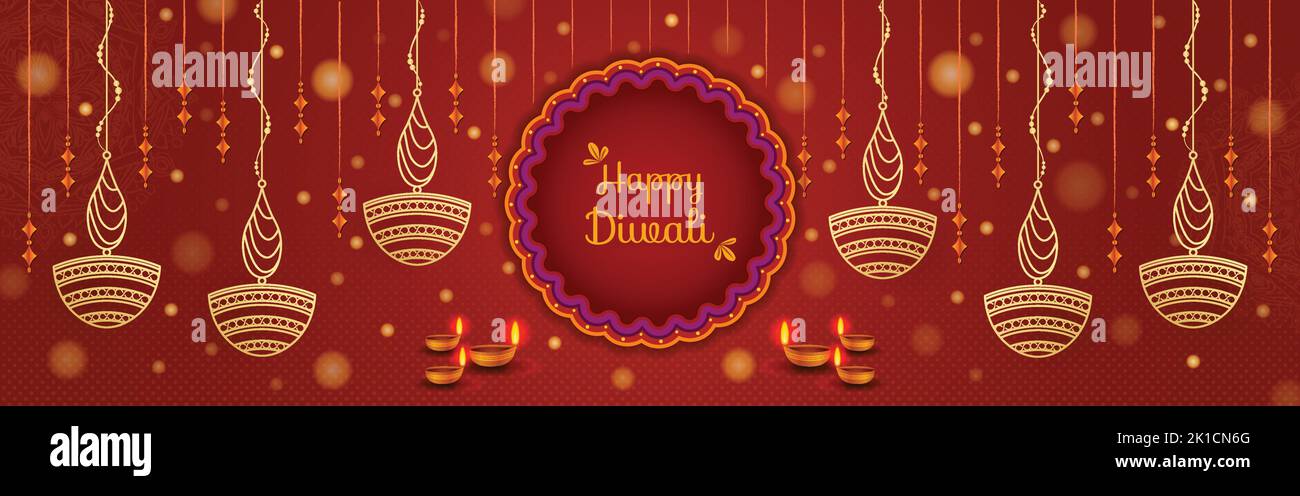 Happy Diwali Luxury Golden Red Horizontal Website Header Vector Illustration. Fata luci e Diya. Festival indù banner design celebrazione. Sociale Illustrazione Vettoriale