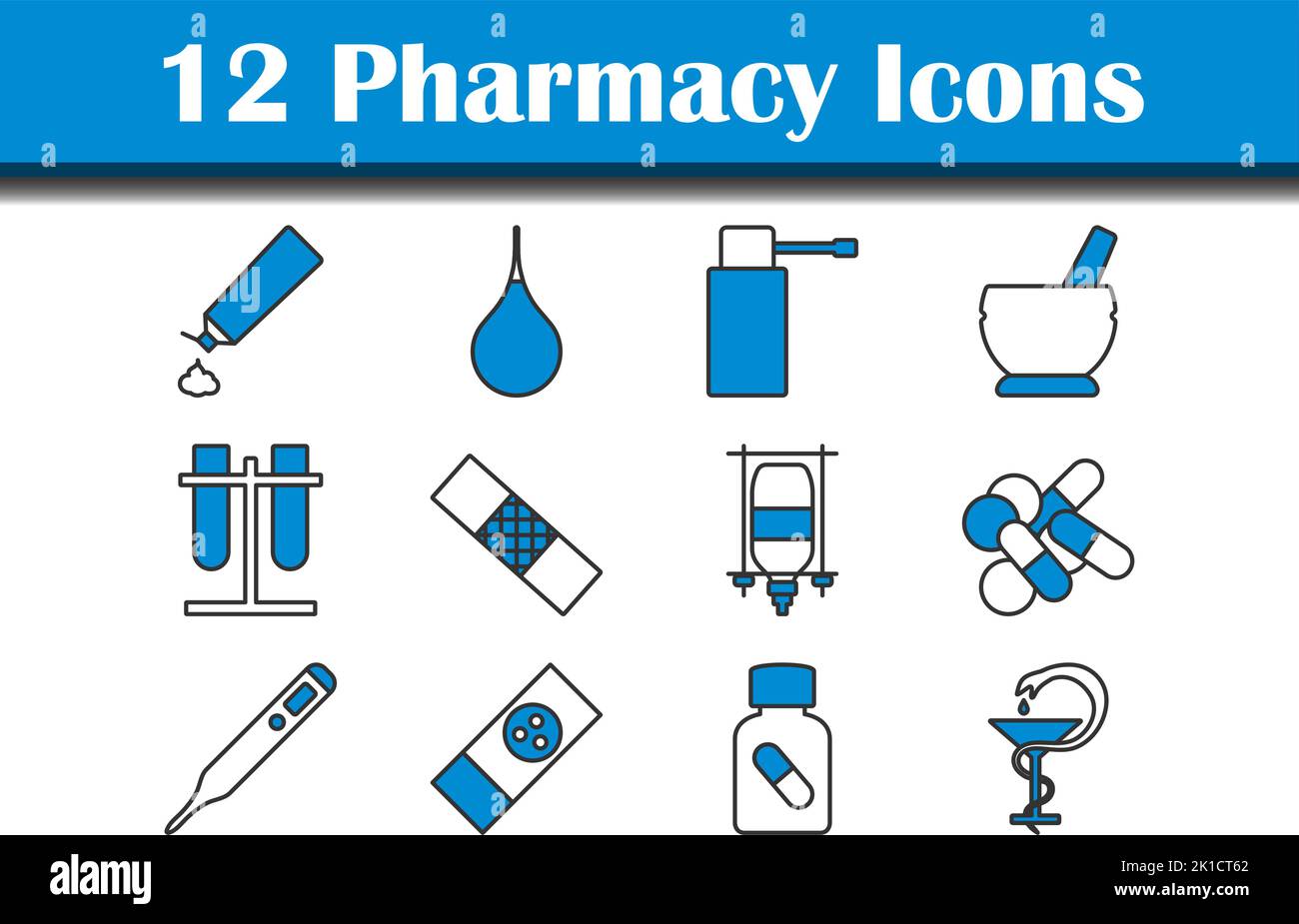 Set di icone della farmacia. Contorno grassetto modificabile con disegno di riempimento a colori. Illustrazione vettoriale. Illustrazione Vettoriale