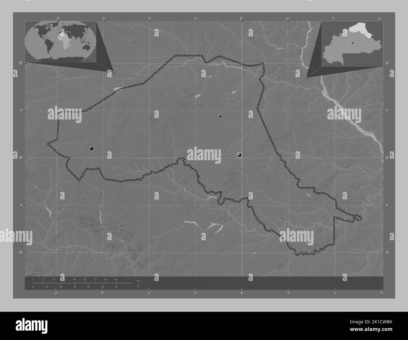 Sahel, regione del Burkina Faso. Mappa in scala di grigi con laghi e fiumi. Posizioni delle principali città della regione. Mappe delle posizioni ausiliarie degli angoli Foto Stock