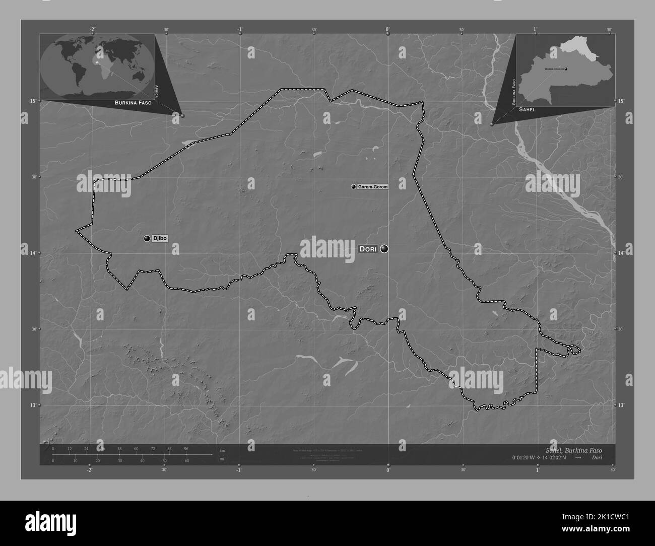 Sahel, regione del Burkina Faso. Mappa altimetrica bilivello con laghi e fiumi. Località e nomi delle principali città della regione. Posizione ausiliaria d'angolo Foto Stock