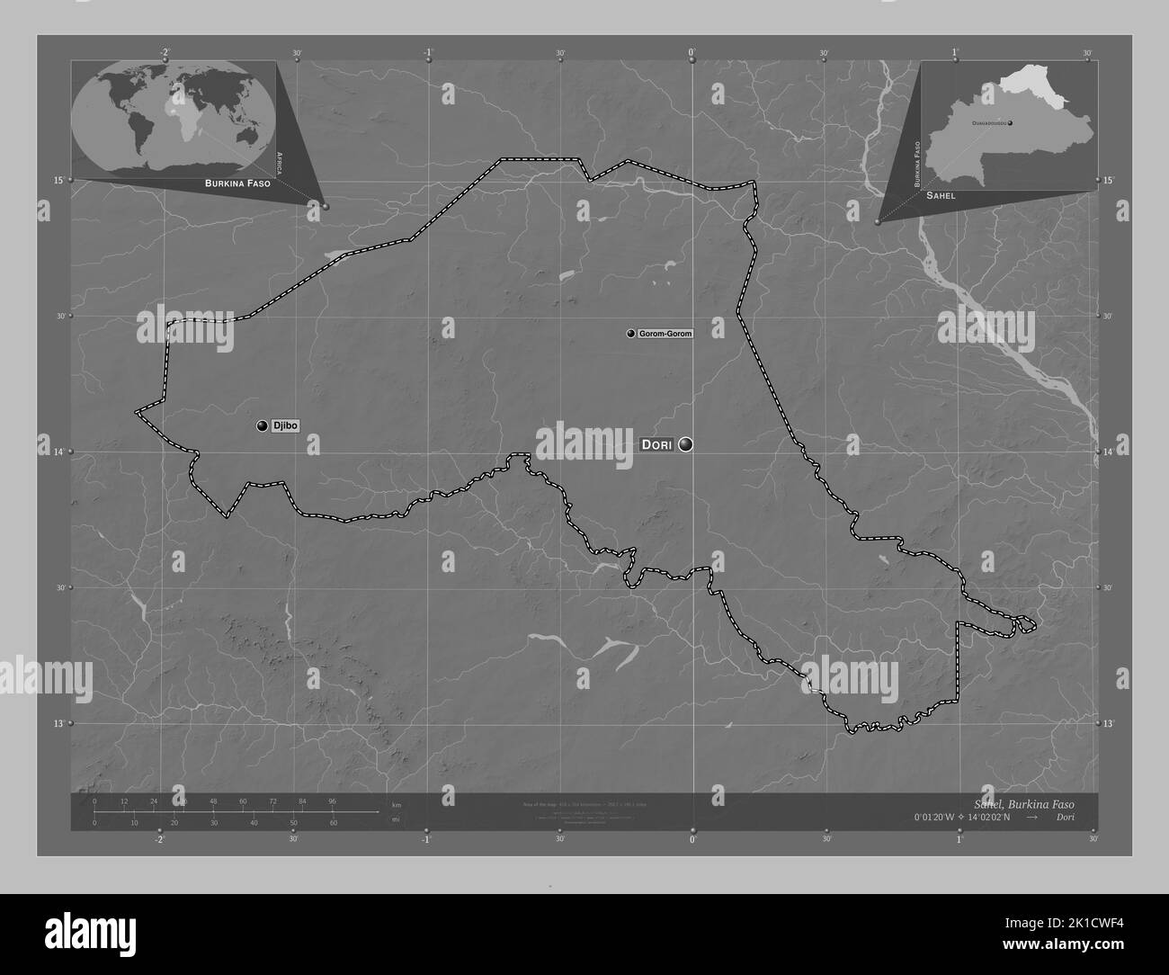 Sahel, regione del Burkina Faso. Mappa in scala di grigi con laghi e fiumi. Località e nomi delle principali città della regione. Posizione ausiliaria d'angolo Foto Stock
