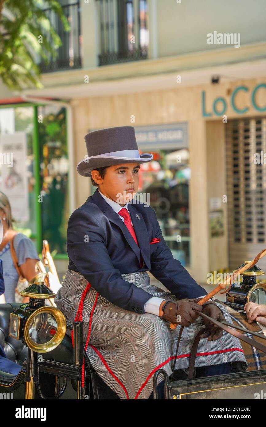 Giovane spagnolo in costume tradizionale spagnolo, con carrozza a cavallo, giornata annuale del cavallo. Fuengirola, Andalusia, Costa del Sol, Spagna. Foto Stock