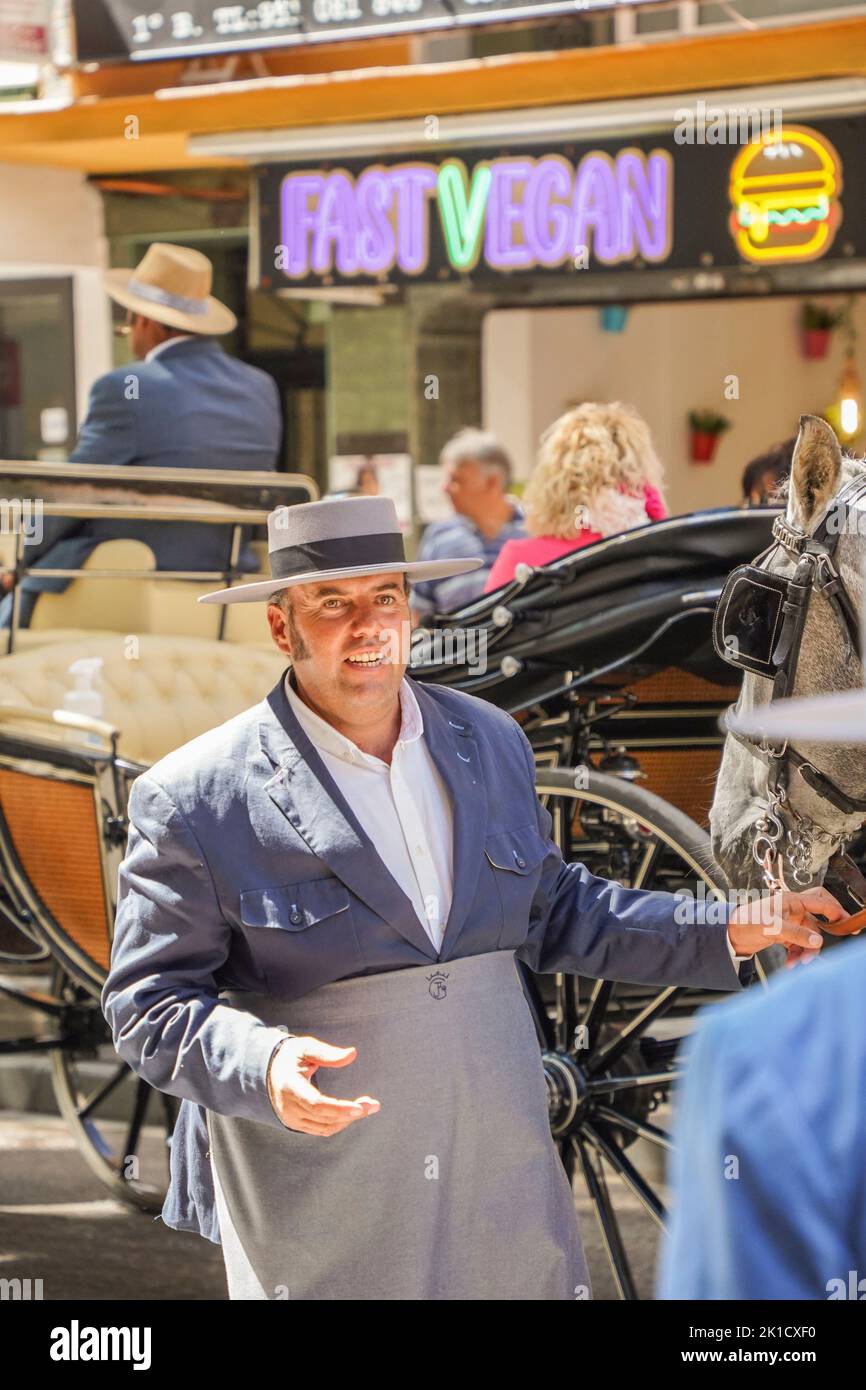 Coachman vestito in costume tradizionale spagnolo che ha conversazione con l'uomo, annuale giorno del cavallo. Fuengirola, Andalusia, Costa del Sol, Spagna. Foto Stock