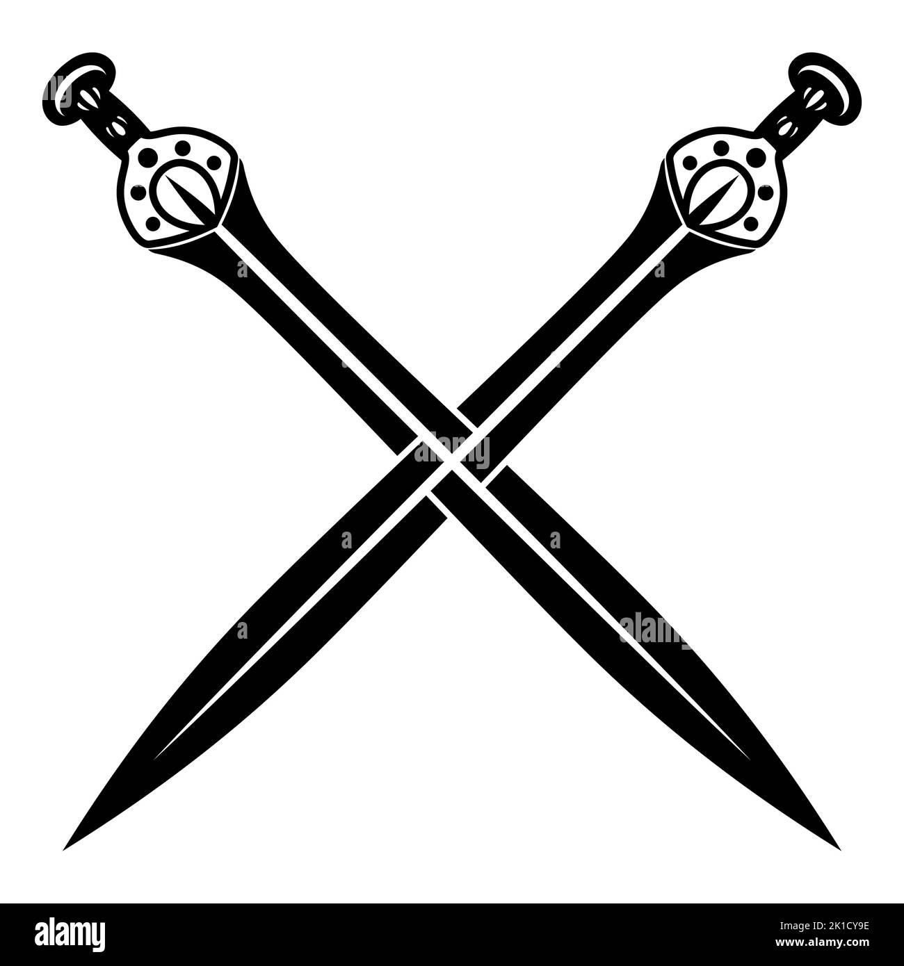 Design vichingo scandinavo. Due battaglie incrociate spade vichinghe, icona vettoriale iIllustrazione Illustrazione Vettoriale