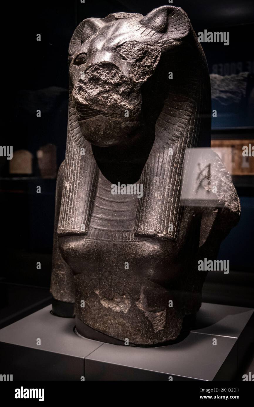Frammento di una statua della dea Sekhmet, granito nero, 18th dinastia regnante Amenhotep III, Tempio di Mut, Karnak, Tebe, Egitto, Collezione del British Museum. Foto Stock