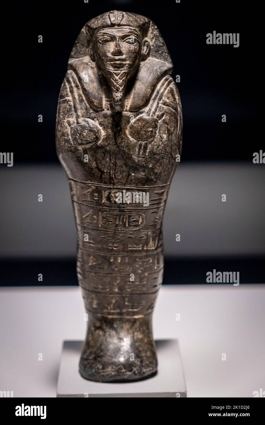 Ushabti del re nubiano Senkamanisken, serpentina, periodo Napata, 643-623 a.C., tomba di Senkamanisken, Nuri, Sudan, collezione del British Museum. Foto Stock