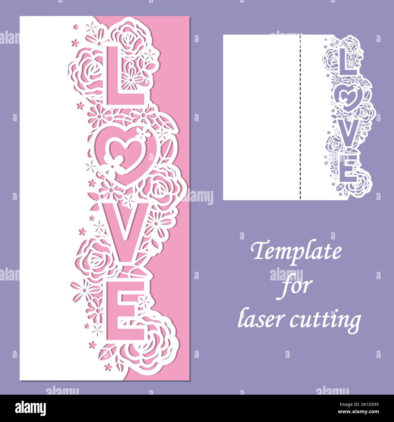 Dima per taglio laser. Biglietto di auguri con la parola amore e fiori. Vettore Illustrazione Vettoriale