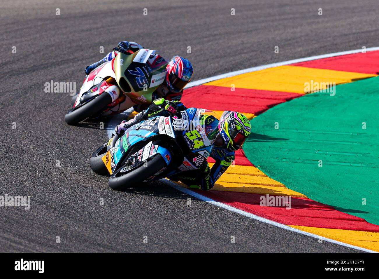 Fermin Aldeguer dalla Spagna del CAG Speed Up team con Boscoscruro durante le prove libere Moto2 del Gran Premio Animoca Brands de Aragon al Motorland Aragon Circuit di Alcaniz, Spagna. Foto Stock