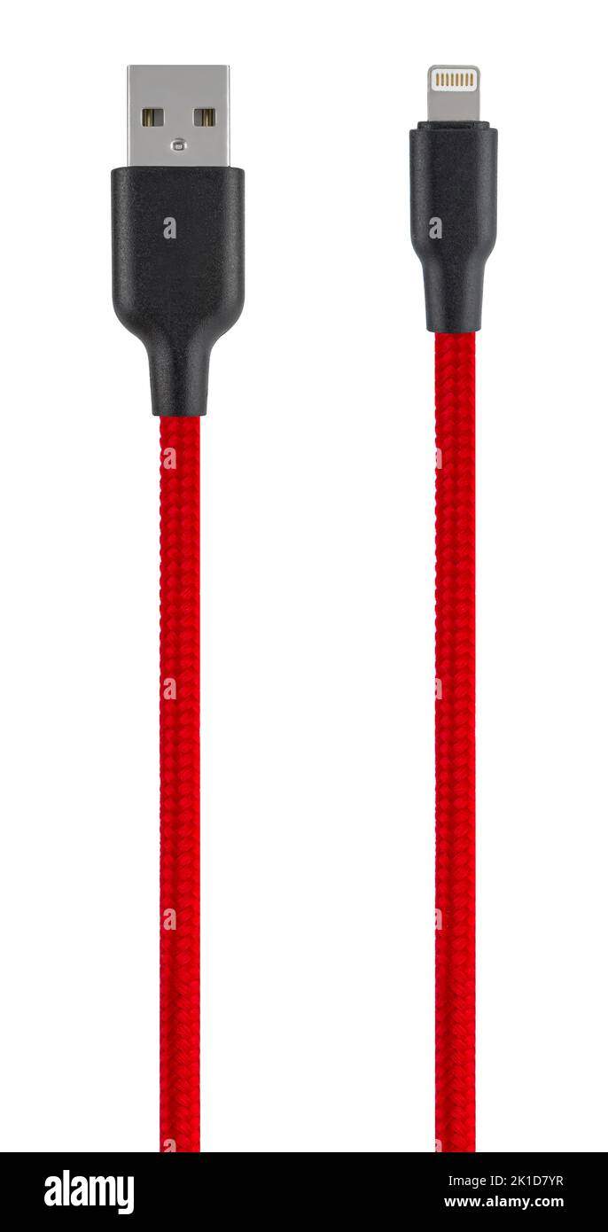 Cavo con connettore USB e Lightning, su sfondo bianco Foto Stock