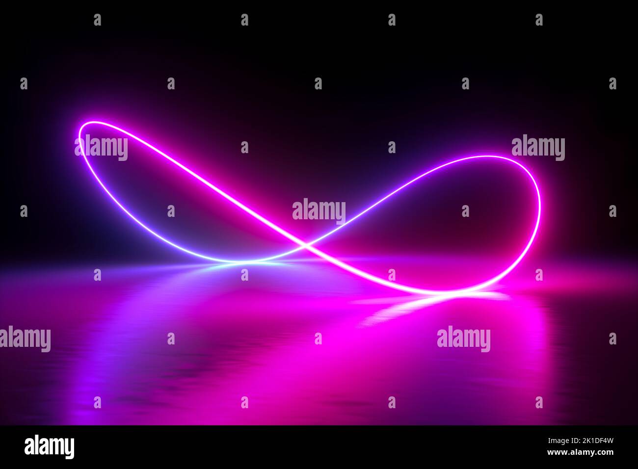 rendering 3d, simbolo infinito, luce al neon, loop, spettro ultravioletto, quantum energy, linea luminosa rosa blu violetto, stringa, sfondo astratto Foto Stock