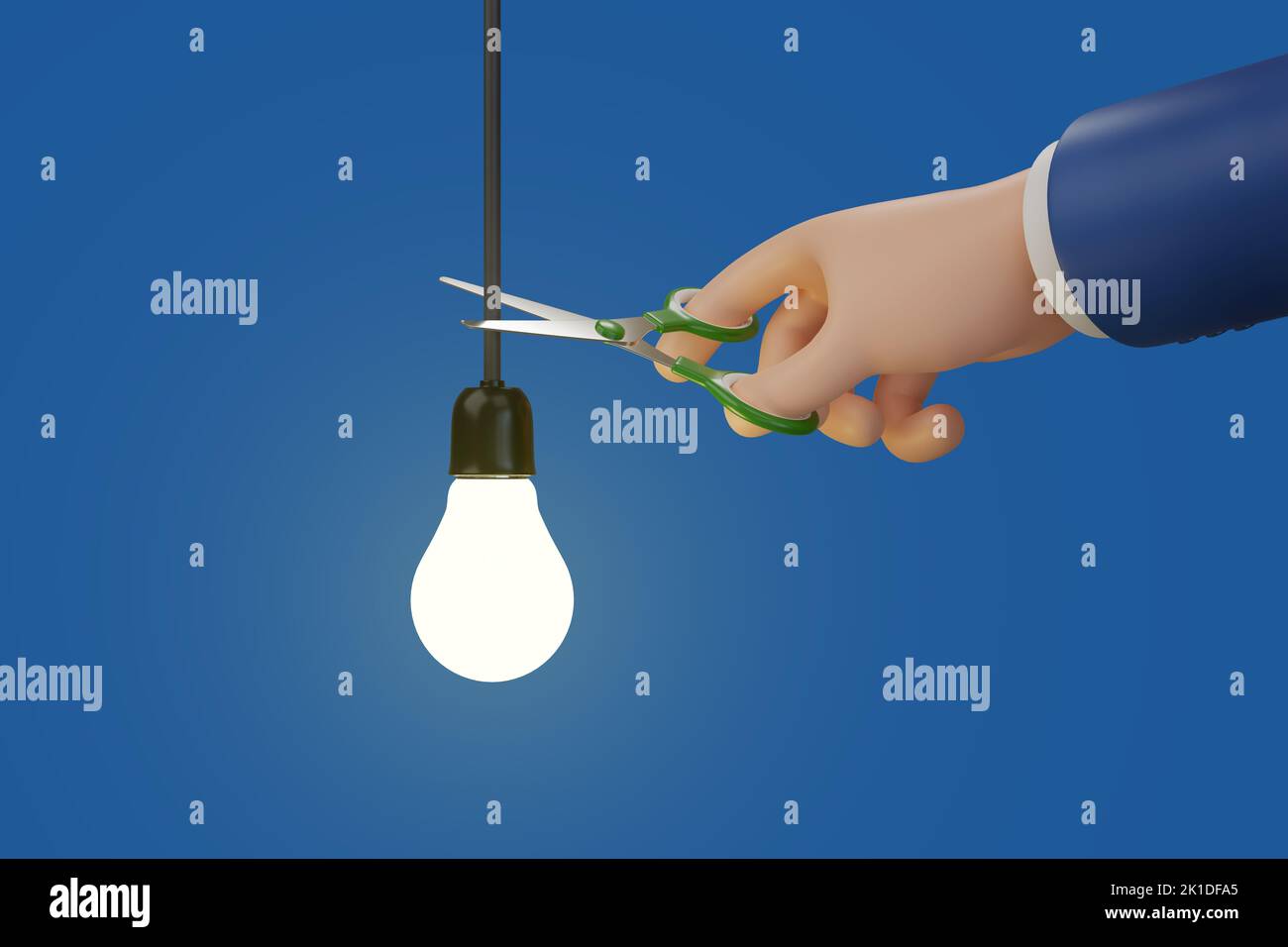 Cartoon mano con forbici tagliare il filo di una lampadina. Concetto di risparmio energetico. illustrazione 3d. Foto Stock