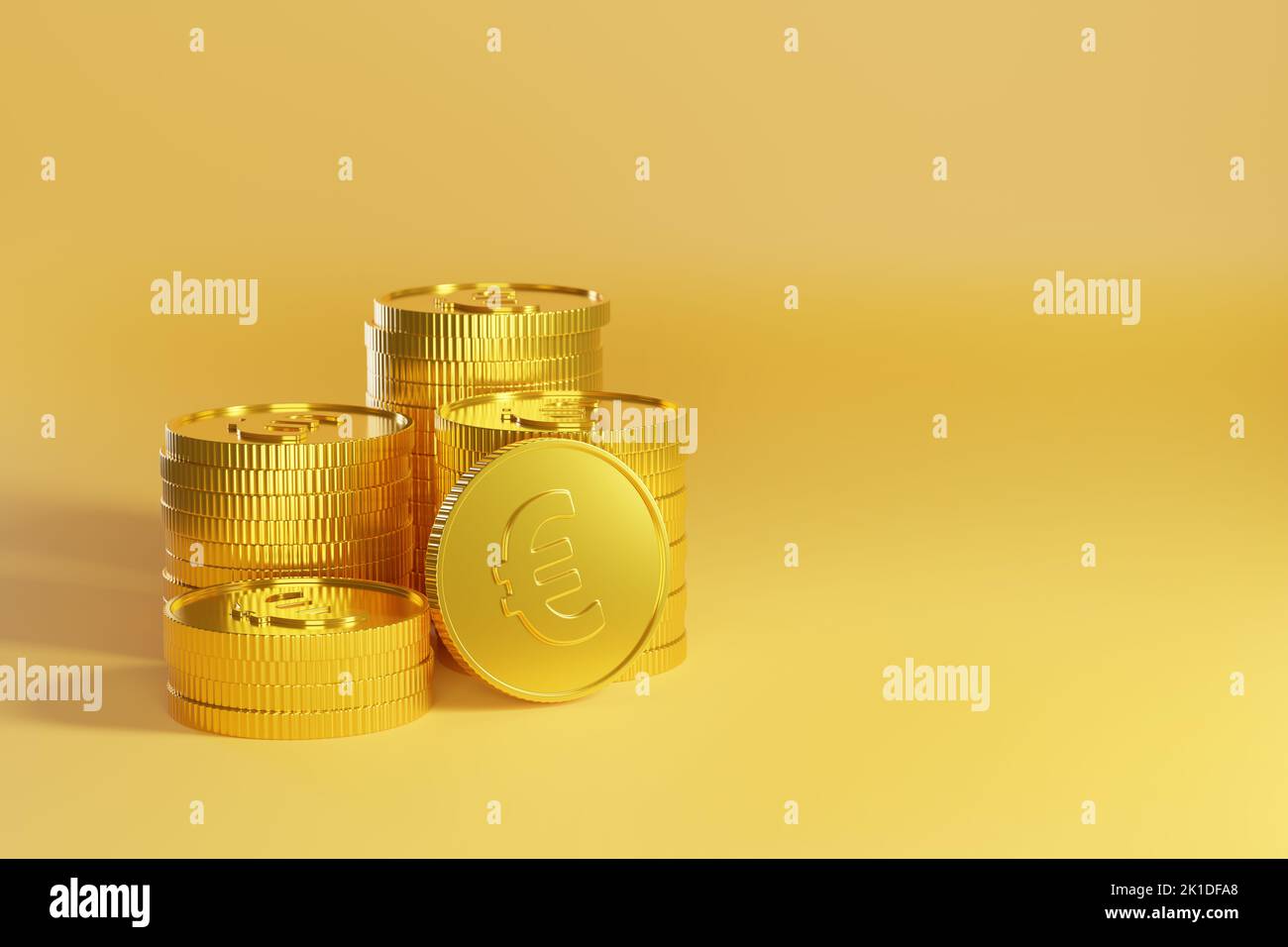 Monete d'oro con segno in euro su sfondo giallo con spazio copia. illustrazione 3d. Foto Stock