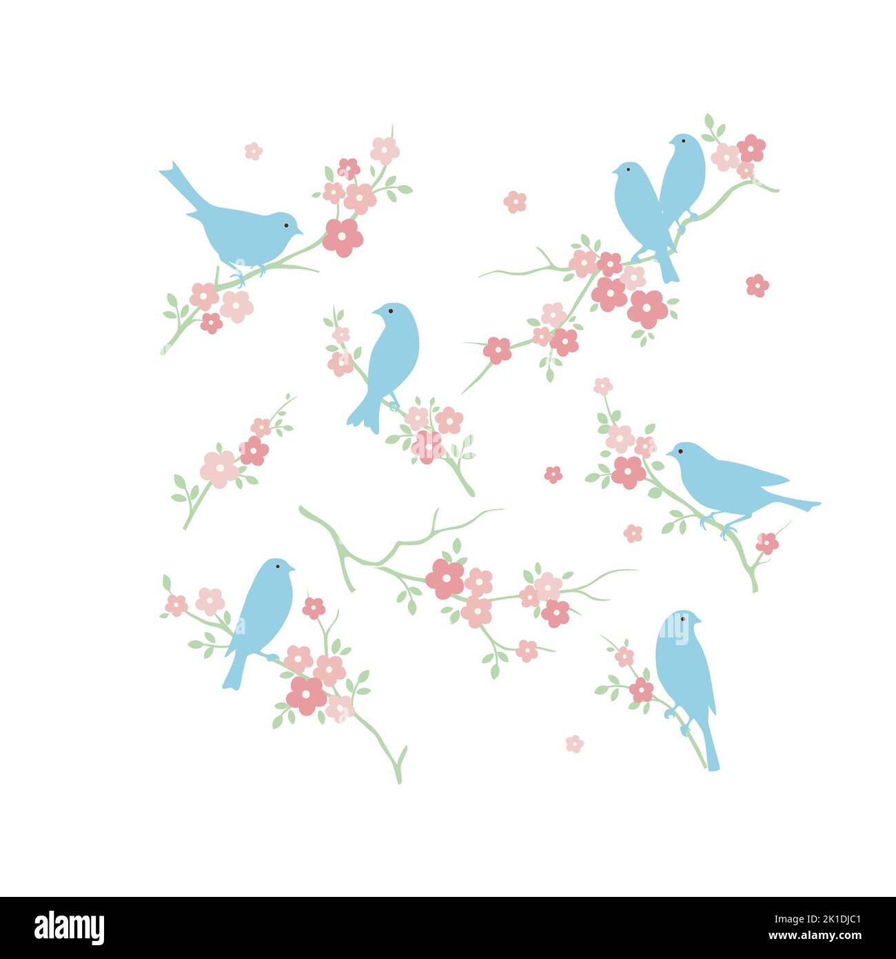 un sacco di uccelli blu sui rami di fioritura sakura senza soluzione di continuità illustrazione Foto Stock