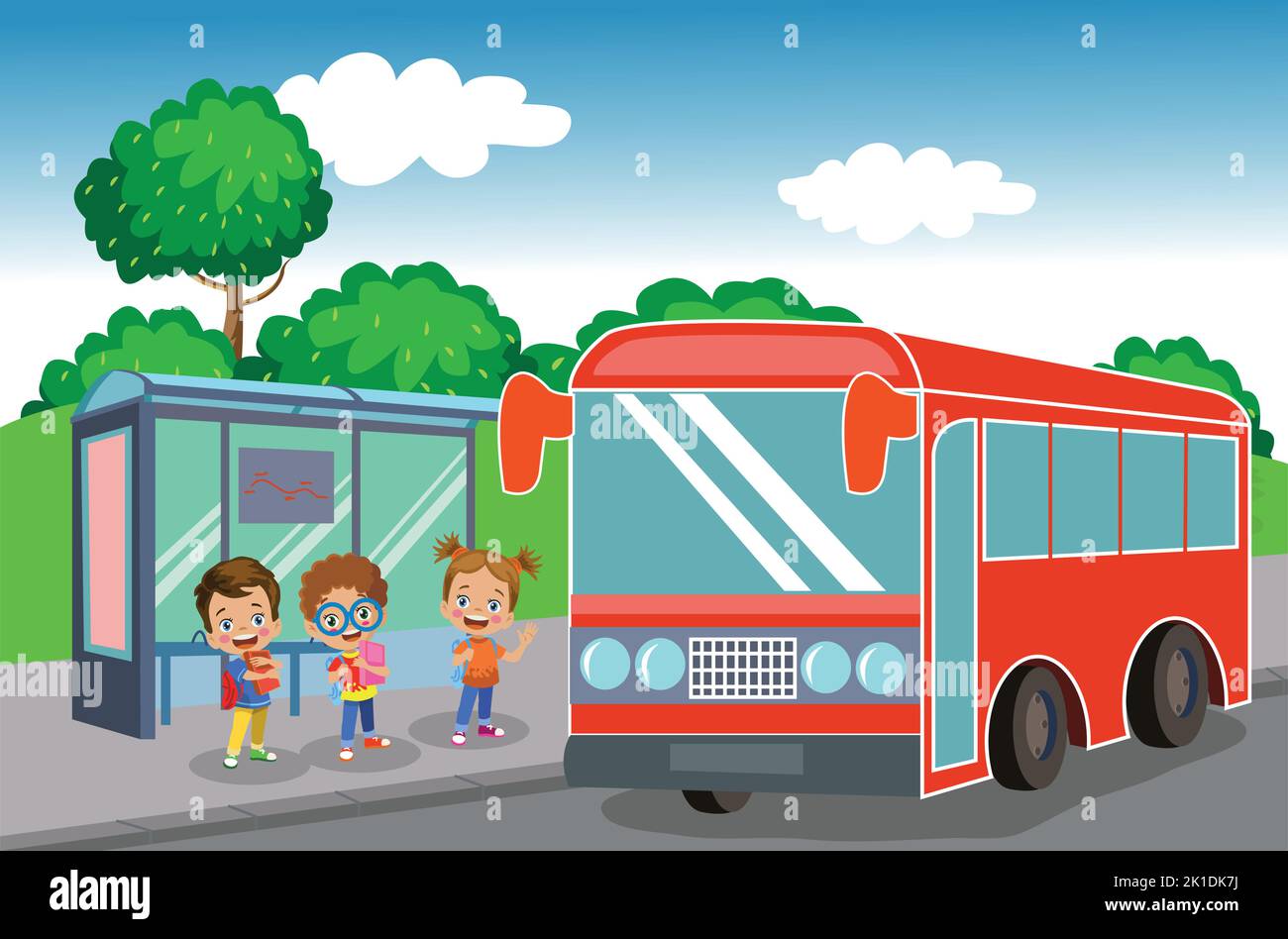 Bambini in attesa alla fermata dell'autobus per andare a scuola Illustrazione Vettoriale